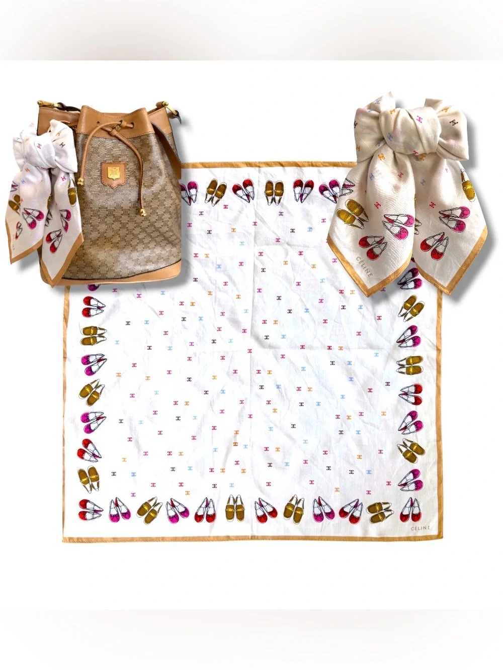 Céline Macadam Blazon White Cotton Square Scarf Whimsical Shoes Print
